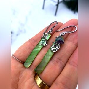 Artisan Hand Crafted Shell and Amethyst Music Note 🎵Earrings in Sterling Hooks